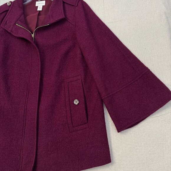 Chicos Burgundy Wool 3/4 Sleeve Full Zip Jacket Button Flap Accents Lined 2 - Picture 6 of 15